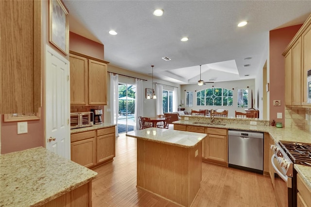 kitchen with appliances with stainless steel finishes, a sink, light wood-style flooring, a peninsula, and a tray ceiling