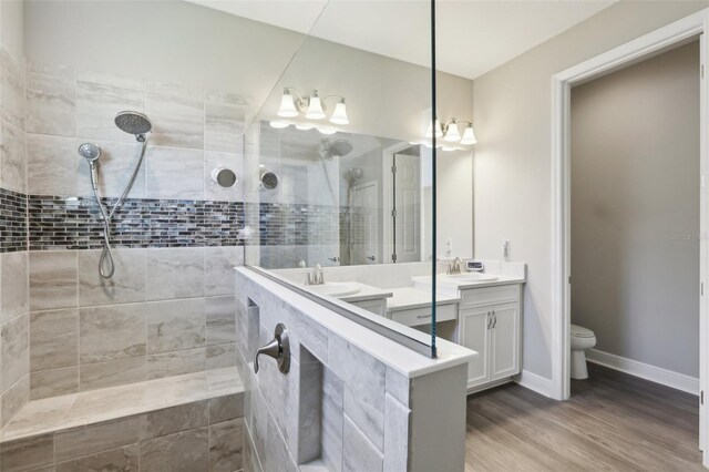 5477 Wayfarer Ave, Apollo Beach, FL 33572 - bathroom featuring a walk in shower, vanity, toilet, and wood finished floors