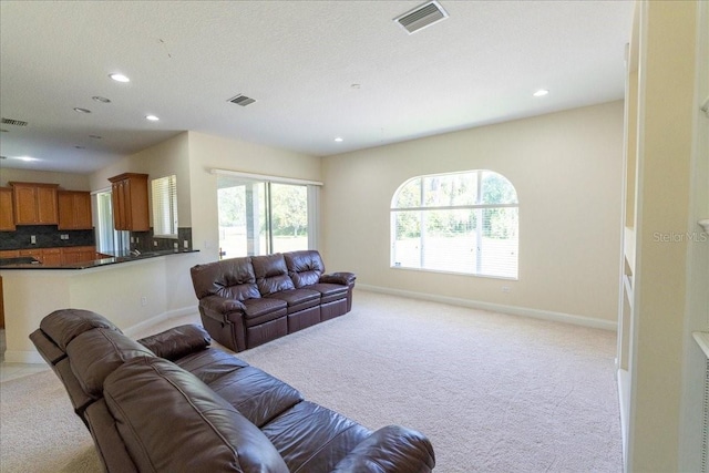 16637 Ashton Green Dr, Lutz, FL 33558 - living room featuring light colored carpet, baseboards, visible vents, and recessed lighting