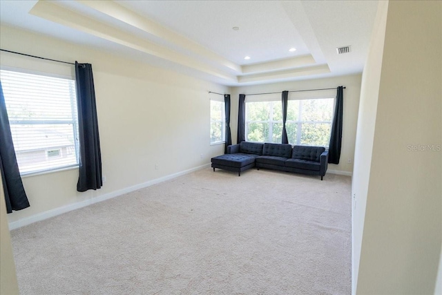 16637 Ashton Green Dr, Lutz, FL 33558 - living area featuring light colored carpet, baseboards, visible vents, and a raised ceiling