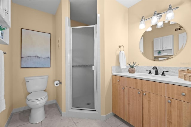 bathroom with vanity, tile patterned floors, a stall shower, and toilet