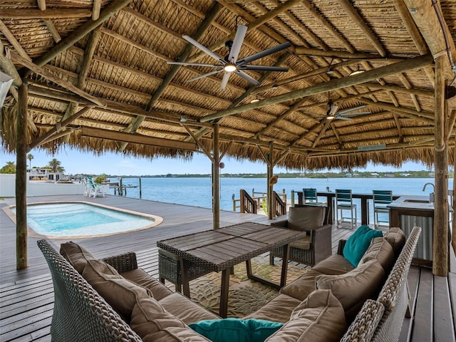 326 176th Avenue Cir, Redington Shores, FL 33708 - dock area featuring a gazebo, an outdoor living space, a deck with water view, and a sink