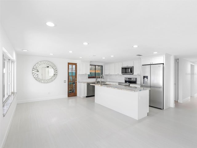 326 176th Avenue Cir, Redington Shores, FL 33708 - kitchen with stainless steel appliances, baseboards, decorative backsplash, white cabinetry, and recessed lighting