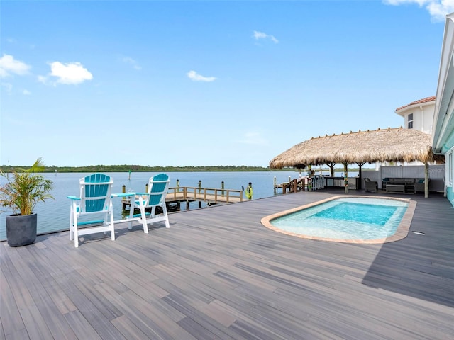 326 176th Avenue Cir, Redington Shores, FL 33708 - view of pool featuring an outdoor living space, a gazebo, a boat dock, and a deck with water view