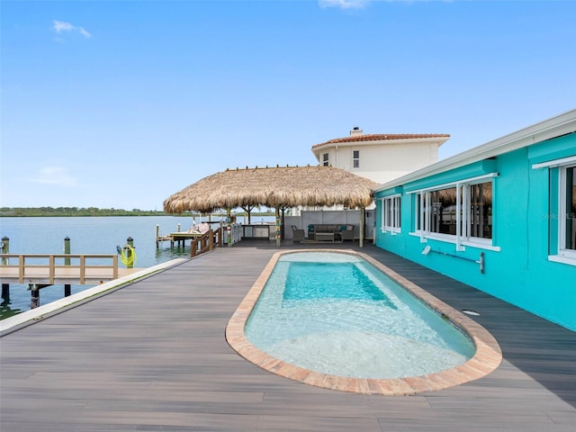 326 176th Avenue Cir, Redington Shores, FL 33708 - view of pool with an outdoor hangout area, a water view, a gazebo, and a dock