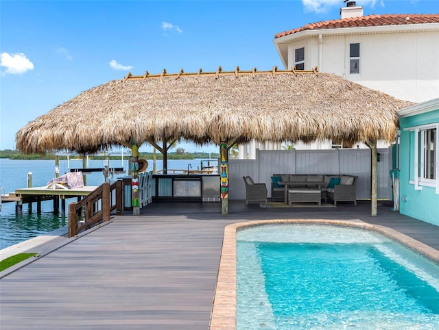 326 176th Avenue Cir, Redington Shores, FL 33708 - view of swimming pool featuring outdoor lounge area, a gazebo, and a deck with water view