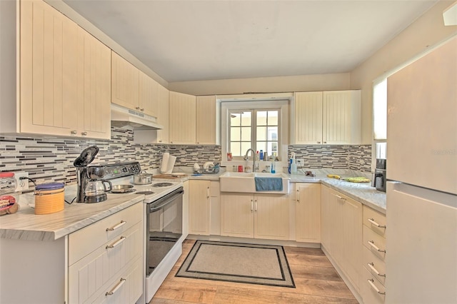 5939 14th St, Zephyrhills, FL 33542 - kitchen featuring white appliances, light wood-style floors, light countertops, under cabinet range hood, and a sink