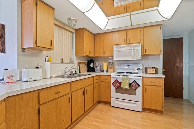 7534 Culberson Dr, Port Richey, FL 34668 - kitchen featuring a sink, backsplash, white appliances, and light wood-style flooring