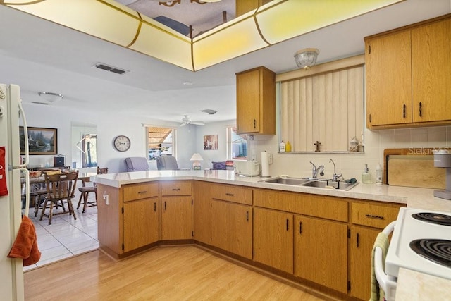 7534 Culberson Dr, Port Richey, FL 34668 - kitchen featuring range with electric cooktop, visible vents, tasteful backsplash, light countertops, and a peninsula