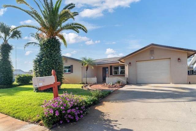 7534 Culberson Dr, Port Richey, FL 34668 - view of front facade with concrete driveway, an attached garage, a front lawn, and stucco siding