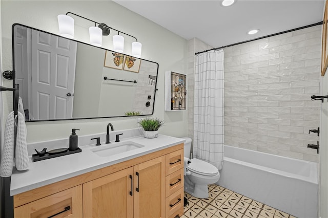 bathroom with shower / bath combo, vanity, toilet, tile patterned floors, and recessed lighting
