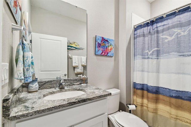 full bathroom with toilet, a shower with curtain, and vanity