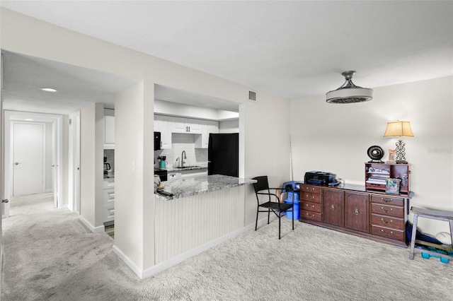 710 N Village Dr N Unit 102, Saint Petersburg, FL 33716 - kitchen with freestanding refrigerator, a sink, light colored carpet, white cabinets, and baseboards