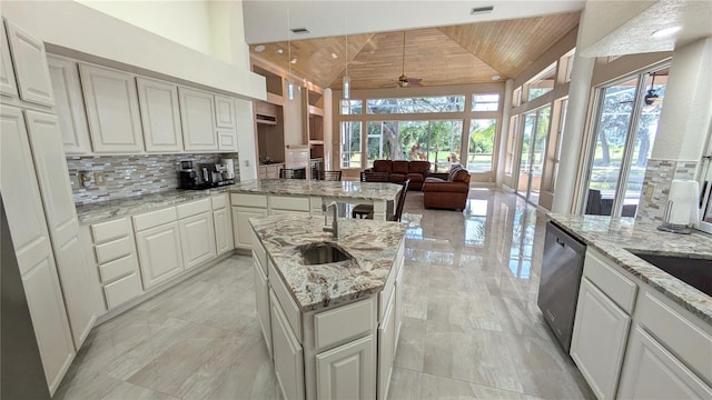 4872 Silverthorne Ct, Oldsmar, FL 34677 - kitchen featuring wooden ceiling, healthy amount of natural light, a sink, stainless steel dishwasher, and ceiling fan