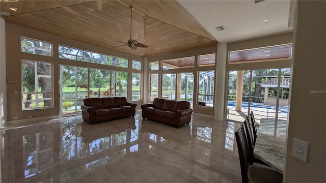 4872 Silverthorne Ct, Oldsmar, FL 34677 - sunroom featuring marble tiled floors, high vaulted ceiling, and wood ceiling