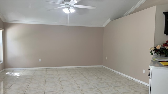 empty room featuring crown molding, ceiling fan, baseboards, and marble finish floor