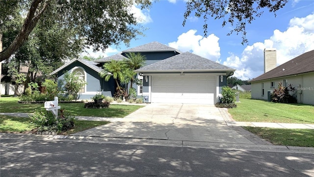 view of front facade with a shingled roof, an attached garage, stucco siding, a front yard, and concrete driveway