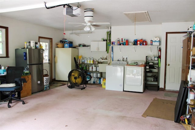 16536 Caldwell Ln, Spring Hill, FL 34610 - garage with ceiling fan, freestanding refrigerator, washing machine and dryer, and a garage door opener