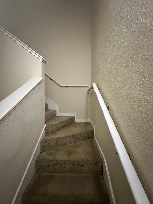 3260 Haviland Ct Unit 202, Palm Harbor, FL 34684 - stairway with baseboards, a textured wall, and carpet flooring
