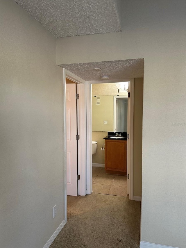 3260 Haviland Ct Unit 202, Palm Harbor, FL 34684 - corridor featuring light colored carpet, a sink, a textured ceiling, and baseboards