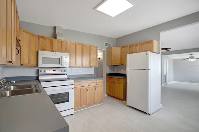 6601 13th St N, Saint Petersburg, FL 33702 - kitchen featuring visible vents, light brown cabinets, white appliances, tasteful backsplash, and a sink
