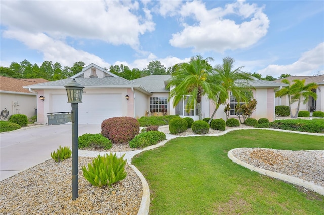 ranch-style home with an attached garage, stucco siding, a front yard, and concrete driveway