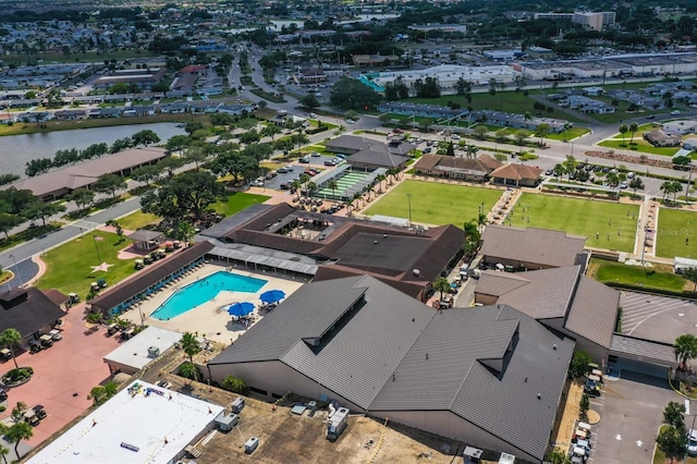 drone / aerial view featuring a water view