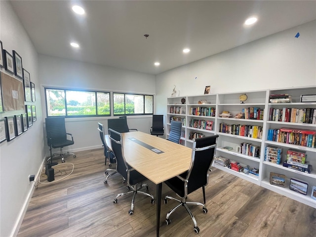 office with recessed lighting, baseboards, and wood finished floors
