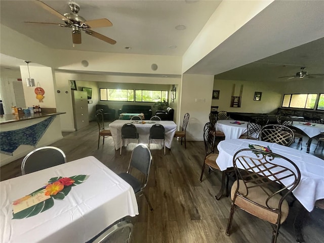 dining room with a ceiling fan and wood finished floors