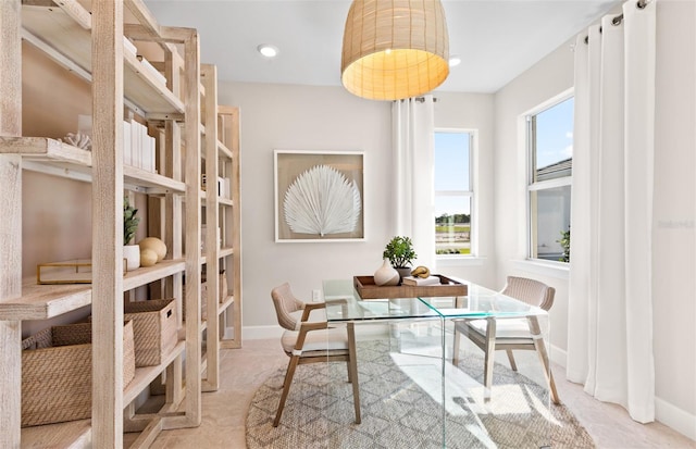 dining room featuring carpet floors, recessed lighting, and baseboards