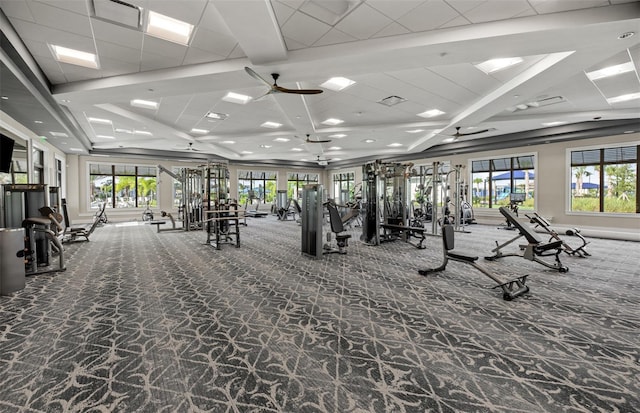 gym featuring carpet floors, ceiling fan, and coffered ceiling