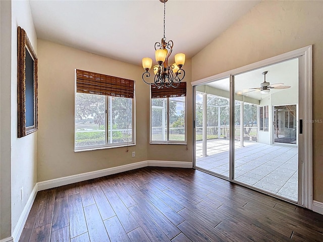 5058 Westlake Blvd, Dade City, FL 33523 - unfurnished dining area featuring baseboards, wood finished floors, a chandelier, lofted ceiling, and ceiling fan