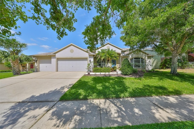 ranch-style house featuring an attached garage, stucco siding, a front yard, and concrete driveway