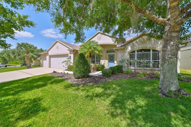 ranch-style home with stucco siding and a front yard