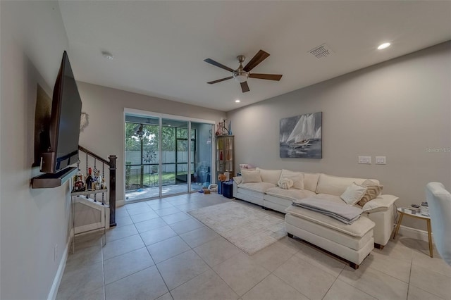 living area with a ceiling fan, visible vents, baseboards, recessed lighting, and light tile patterned flooring