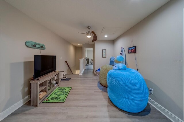 game room featuring attic access, a ceiling fan, baseboards, recessed lighting, and wood finished floors