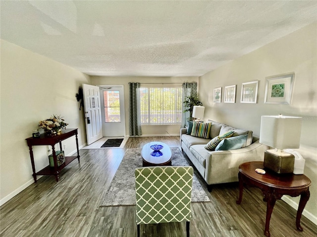 living room featuring baseboards, a textured ceiling, and wood finished floors