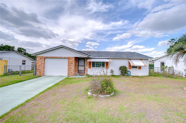ranch-style house with fence, a gate, concrete driveway, and a garage