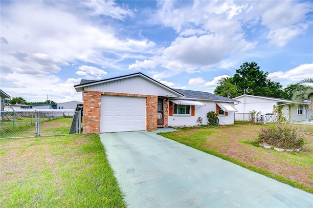ranch-style house with a front lawn, fence, brick siding, a gate, and concrete driveway