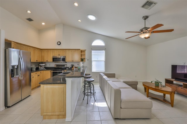 6332 35th Avenue Cir E, Palmetto, FL 34221 - kitchen with stainless steel appliances, a sink, dark stone countertops, ceiling fan, and a kitchen bar