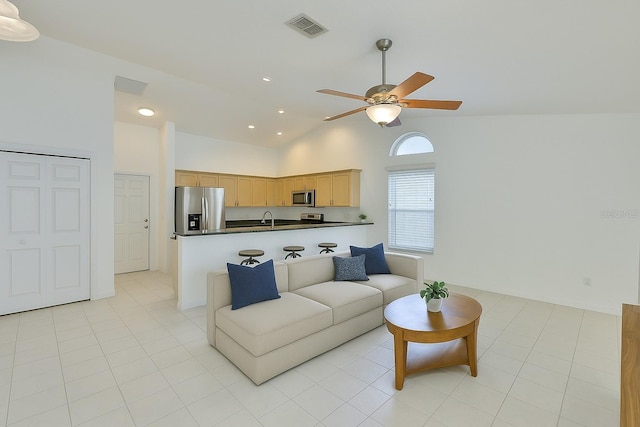 6332 35th Avenue Cir E, Palmetto, FL 34221 - living room with ceiling fan, vaulted ceiling, light tile patterned floors, and recessed lighting