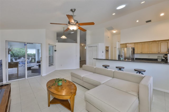 6332 35th Avenue Cir E, Palmetto, FL 34221 - living room with high vaulted ceiling, baseboards, light tile patterned floors, a ceiling fan, and recessed lighting