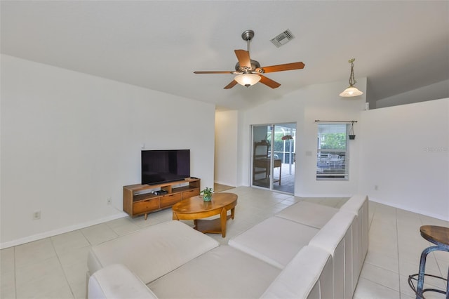 6332 35th Avenue Cir E, Palmetto, FL 34221 - living room with light tile patterned floors, lofted ceiling, and ceiling fan