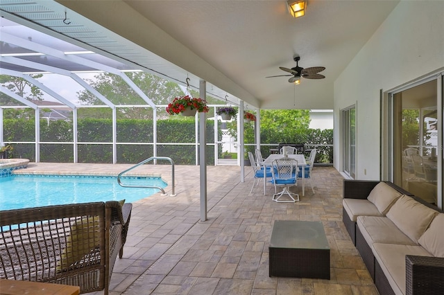 6332 35th Avenue Cir E, Palmetto, FL 34221 - view of swimming pool featuring an outdoor hangout area, a patio area, ceiling fan, outdoor dining space, and a lanai