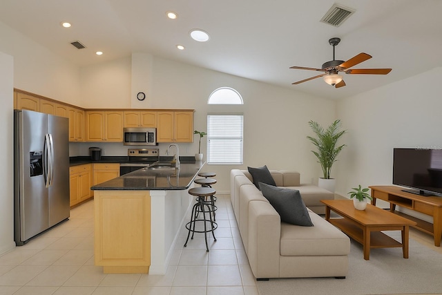 6332 35th Avenue Cir E, Palmetto, FL 34221 - kitchen with stainless steel appliances, a sink, ceiling fan, a breakfast bar area, and open floor plan