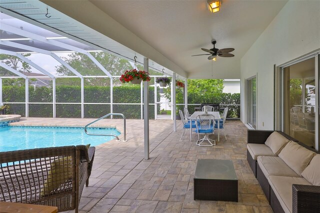 6332 35th Avenue Cir E, Palmetto, FL 34221 - view of swimming pool with an outdoor hangout area, a patio, ceiling fan, outdoor dining area, and a lanai