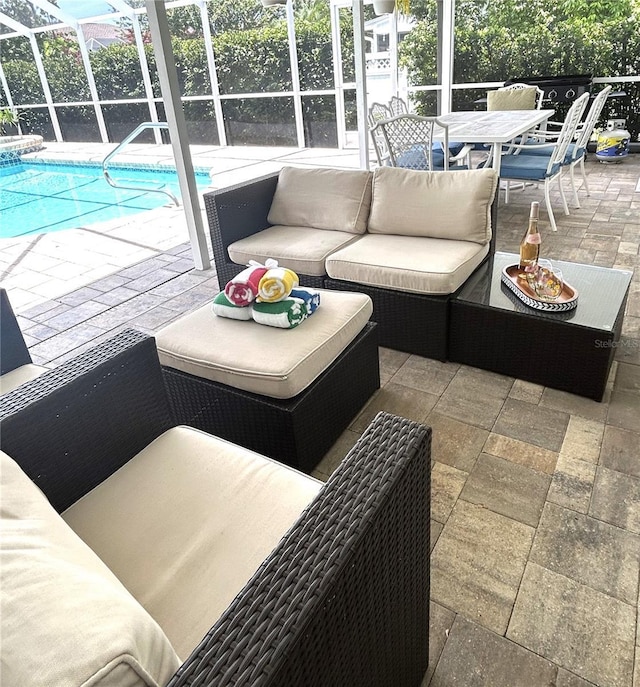 6332 35th Avenue Cir E, Palmetto, FL 34221 - outdoor pool with outdoor lounge area, a patio, glass enclosure, and outdoor dining space