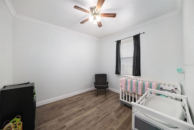 8407 Hunters Fork Loop, Ruskin, FL 33573 - bedroom featuring baseboards, ceiling fan, crown molding, and wood finished floors