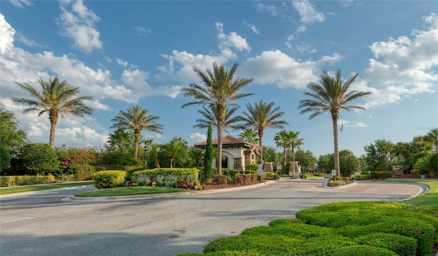 view of road with a gated entry and curbs