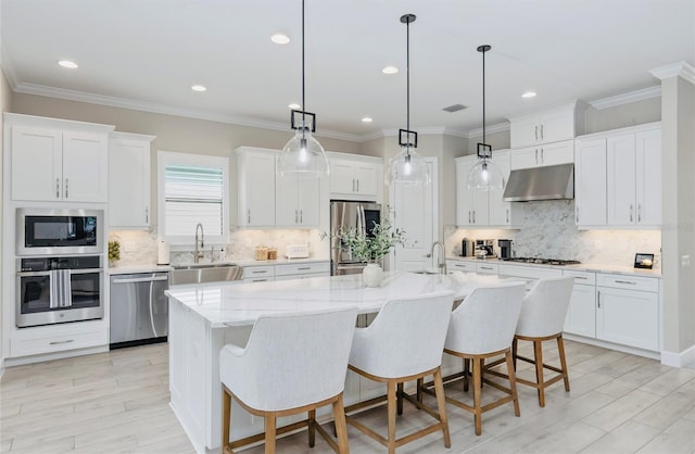 kitchen with white cabinetry, under cabinet range hood, a sink, backsplash, and stainless steel appliances